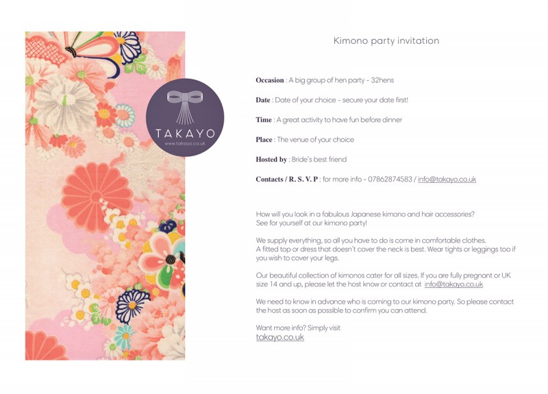 kimono party invitation, hen party